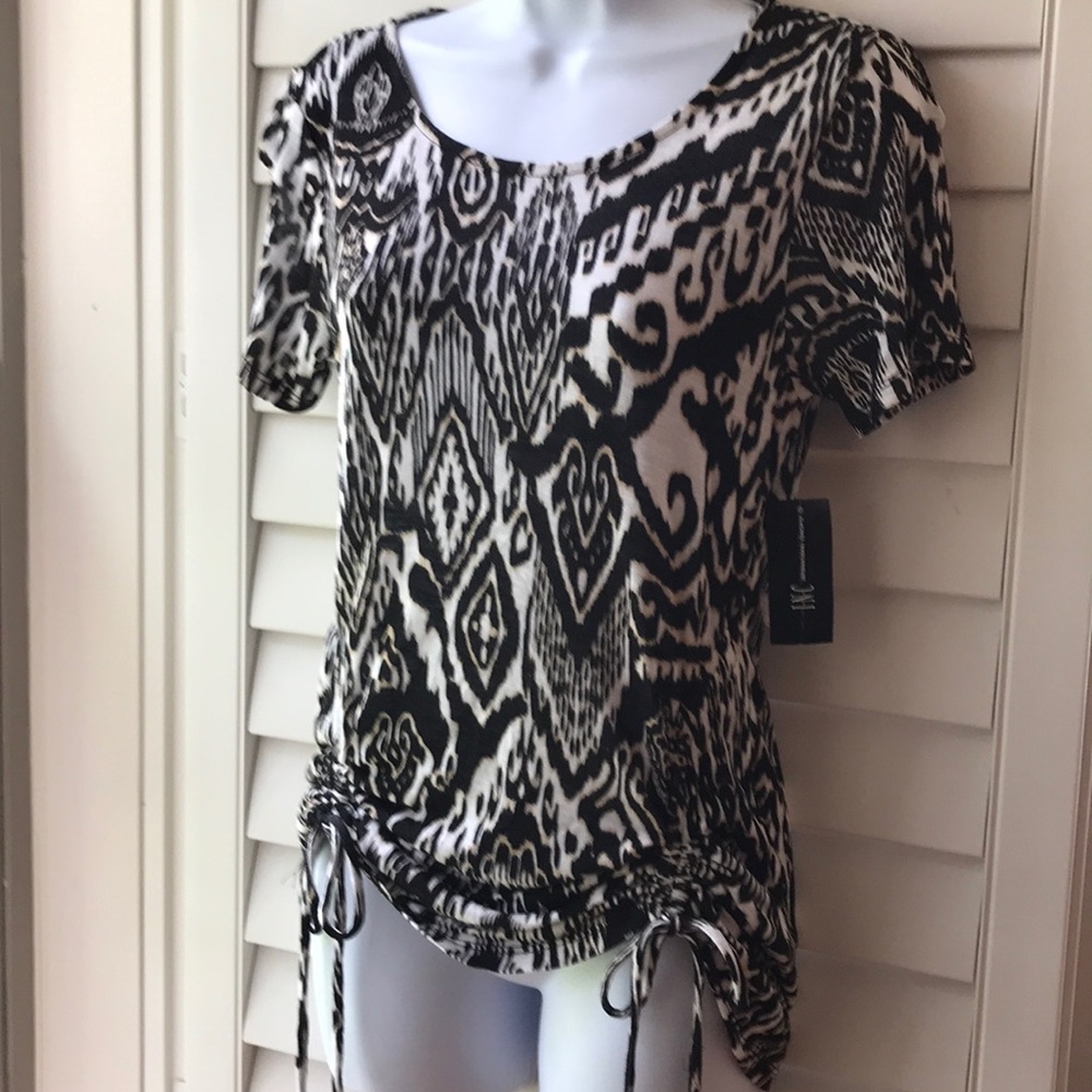 INC knot top w/gather tie detail front, blk/wht S